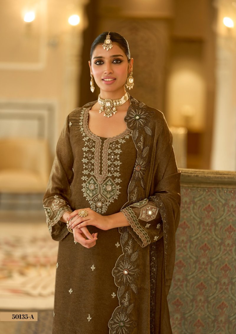 Brown Colour D 50135 By Zaveri Crush Satin Readymade Suits 